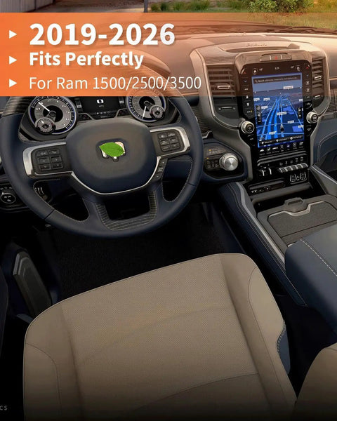 Interior view of 2019-2026 RAM 1500, 2500, 3500 with center console showing Ram 1500 Center Console Cover 2019 To 2026 Anti Scratch PU Leather Armrest Pad Cushion For 2500 And 3500 Models Easy Install Durable Custom Fit Keeps Armrest Cozy And Protects The Center Console installed.