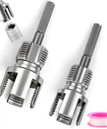 Two Piece PVC Pipe Threader Tool Set With One Half Inch And Three Quarter Inch Heads For Pipes Internal And External Threading Electric Drill Compatible Carbon Steel With Protective Coating For DIY Home Plumbing, showing metal pipe threaders and tape.