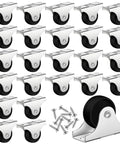 24 Pieces 1 Inch Small Fixed Castor Wheels with Metal Top Plate for Furniture and Small Appliances Rigid Non Swivel Casters Heavy Duty Black Wheels Include 48 Screws for Easy Replacement, showing wheels and included screws
