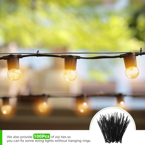 Outdoor String Light Hanging Kit With 250 Ft Nylon Coated 304 Stainless Wire Rope Turnbuckles And Hooks Easy Install All In One Guide Wire Set For Garden Patio Backyard Decor Weddings Cafes And Indoor Displays with hanging light bulbs and zip ties in packaging.