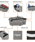 Waterproof Insulated Bike Rack Bag With 8 Liter Capacity For Bicycle Trunk Storage displaying expansion and kettle pockets.
