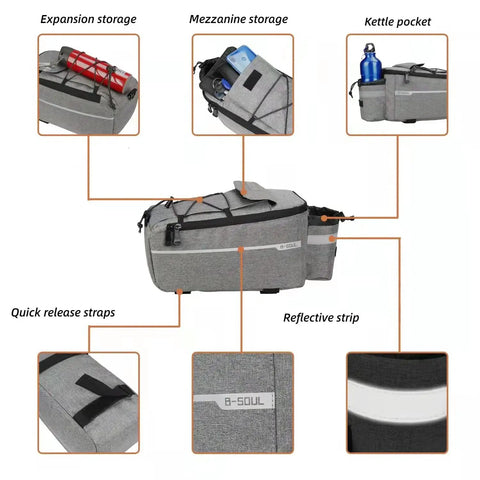 Waterproof Insulated Bike Rack Bag With 8 Liter Capacity For Bicycle Trunk Storage displaying expansion and kettle pockets.