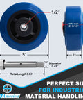 Heavy Duty 5X2 Polyurethane Caster Wheels Set Of 4 Blue Tread Industrial Casters with dimensions for material handling.