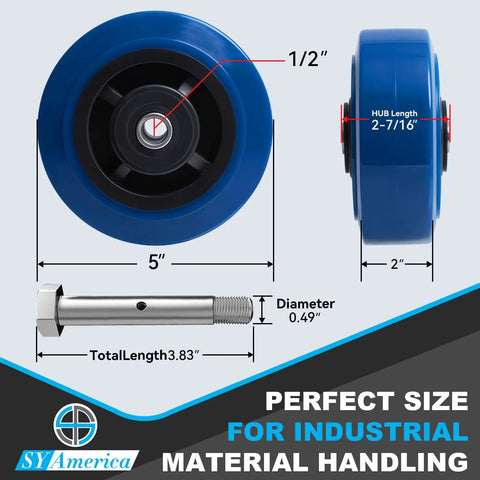 Heavy Duty 5X2 Polyurethane Caster Wheels Set Of 4 Blue Tread Industrial Casters with dimensions for material handling.