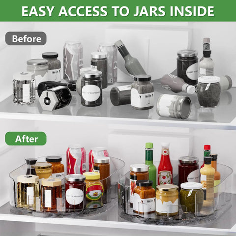 Before and after fridge organization using Smooth Spin Rectangular Lazy Susan Turntable for condiments and spices.