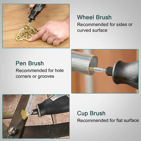 Top Shelf Mini Buffing Kit For Rotary Power Tools Featuring 75 Killer Brass Wire Brushes Heavy Duty Abrasive Felt Wheels And Complete Metal Finishing Gear With Standard One Eighth Inch Shank showcasing wheel, pen, and cup brushes in use.