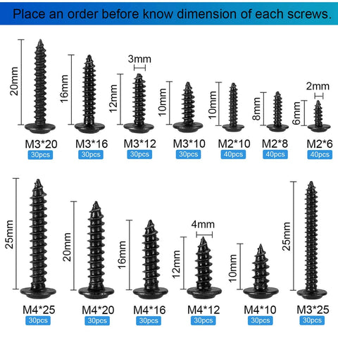420 Piece Self Tapping Wood Screw Kit With 13 Sizes M2 M3 M4 Phillips Truss Wafer Pan Head Screws in Black Carbon Steel