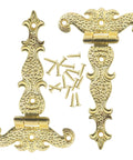Set of two antique gold medieval door hinges with screws, T-strap design, 4.45 by 2.72 inches, retro carved zinc alloy hardware.