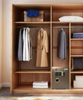 Digital Home Safe With Alarm in Brown Finish, Medium Size 38 X 32 X 45 Cm, Installed in a Wooden Closet, Secure Personal Valuables
