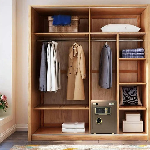 Digital Home Safe With Alarm in Brown Finish, Medium Size 38 X 32 X 45 Cm, Installed in a Wooden Closet, Secure Personal Valuables