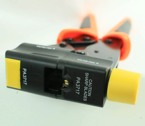 Close-up of Beast Pro Grade CAT5E RJ45 Jack Terminator Tool for Eight Conductor Crimp, showing heavy duty steel frame and handles.