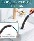 Go To All In One Dryer Vent Cleaner Brush And Lint Remover Kit With Flexible Extendable Handle For Dryer Vents, AC Coils, Refrigerator Coils, Dust Collectors, Condenser Units And More. Flexible black drain hair remover brush in white sink
