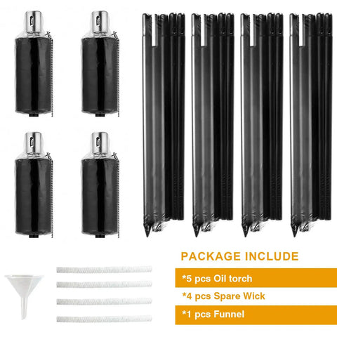 55 Inch Outdoor Oil Torch Lamps Four Pack Rustproof Stainless Steel Citronella Torches and accessories shown in package