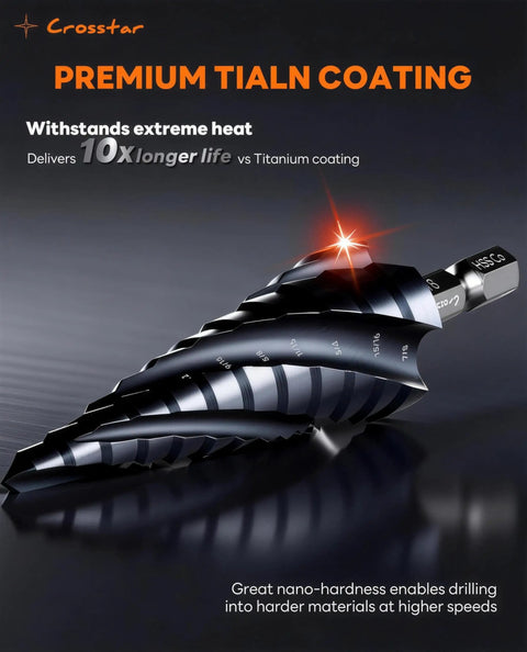 Cobalt TiAlN Step Drill Bit Set Three Pack With Double Spiral Flutes And Hex Shank One Eighth To Seven Eighths Inch, close-up view