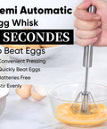 Person using Stainless Steel Semi Automatic Hand Push Whisk Blender For Home Kitchen, Egg Beater And Milk Frother on beaten eggs in bowl