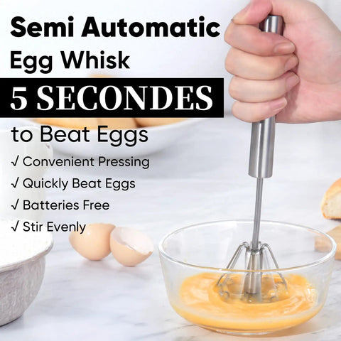 Person using Stainless Steel Semi Automatic Hand Push Whisk Blender For Home Kitchen, Egg Beater And Milk Frother on beaten eggs in bowl