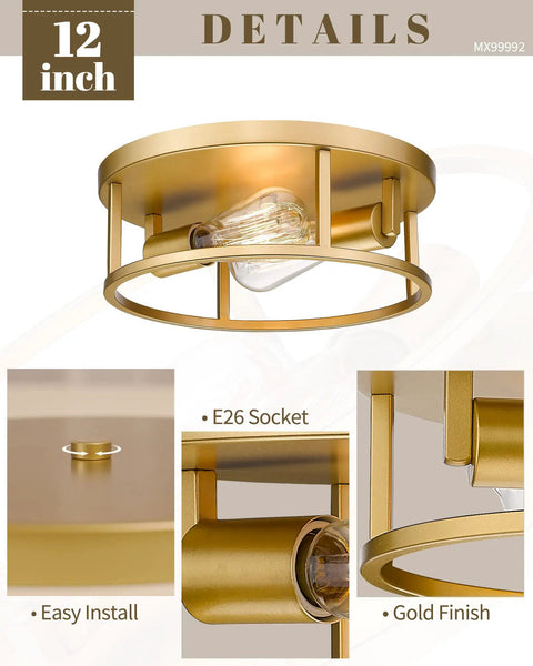 Gold Flush Mount Ceiling Light Fixture 12 Inch 2 Light Dimmable Modern Industrial Metal Fixture With Quick Install Dope Vibe details