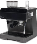 Next Level Semi Automatic Espresso Machine With Built In Grinder Steam Frother Featuring Italian Made 15 Bar Pump For Straight Up Perfect Shots Plus Wifi Connected Custom Brewing In Slick Black, close-up of controls and portafilter.