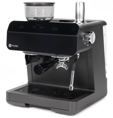 Next Level Semi Automatic Espresso Machine With Built In Grinder Steam Frother Featuring Italian Made 15 Bar Pump For Straight Up Perfect Shots Plus Wifi Connected Custom Brewing In Slick Black, close-up of controls and portafilter.