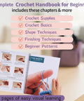 Hands holding crochet handbook with checklist and visible purple bag, part of Deluxe Beginner Crochet Kit Bundle With 116 Piece Set.