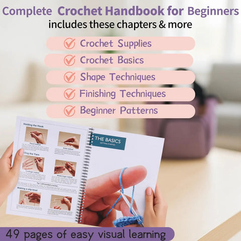Hands holding crochet handbook with checklist and visible purple bag, part of Deluxe Beginner Crochet Kit Bundle With 116 Piece Set.