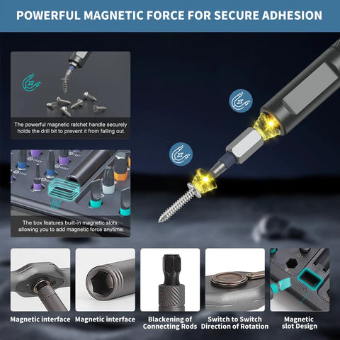 42 In 1 Magnetic Ratcheting Screwdriver Set For Electronics And Smart Home Repair With T Handle And Case demonstrating magnetic force and bit attachment