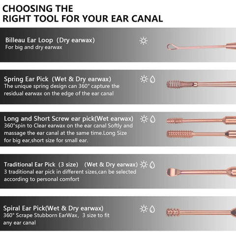 6 Piece Ear Wax Removal Kit With Double Headed Ear Picks 316L Stainless Steel Ear Cleaner displaying pick types and tips.