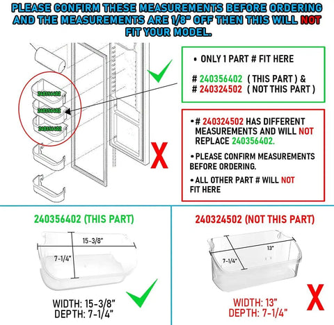 Diagram showing door bin replacement shelves dimensions for Frigidaire Kenmore Electrolux refrigerators, easy install guidelines.
