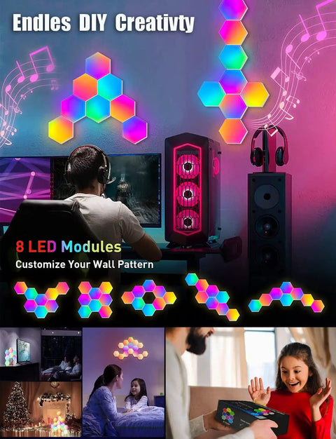 Dope Hexagon LED Lights For Gaming Room Decor 8 Pack With App Control And Remote RGB Modular Panels on wall