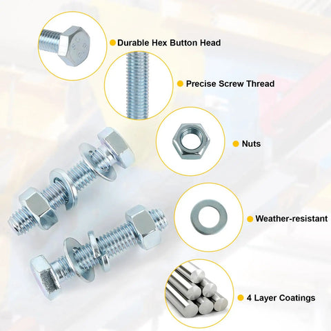 Close-up view of Pro Grade 1004 Piece Heavy Duty Bolt And Nut Set with M6 M8 M10 bolts, flange nuts, washers, zinc plated.