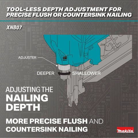 Diagram of tool-less depth adjustment on 18V LXT Cordless Framing Nailer With Thirty Degree Clipped Head Drive for precise nailing