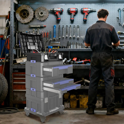 18 Inch Flat Top Tool Box With Stackable Modular System For Garage Storage And Home Repair next to mechanic in workshop