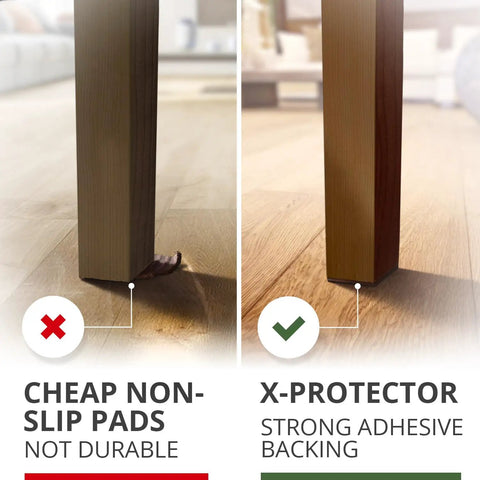 Comparison of two furniture legs, one with cheap non-slip pads, the other with X-Protector strong adhesive backing.
