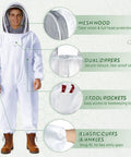 Beekeeping Starter Kit For Beginners With XXL Full Body Protective Suit showing mesh hood, dual zippers, tool pockets, elastic cuffs.