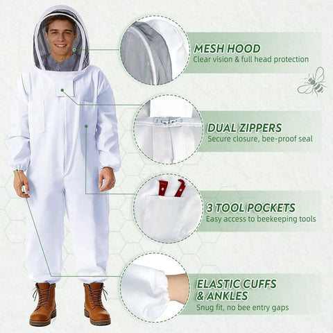 Beekeeping Starter Kit For Beginners With XXL Full Body Protective Suit showing mesh hood, dual zippers, tool pockets, elastic cuffs.