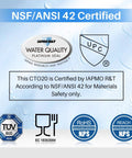 Certification logos for 1 Micron 20 Inch Whole House CTO Carbon Sediment Filter Cartridge, including NSF/ANSI 42.