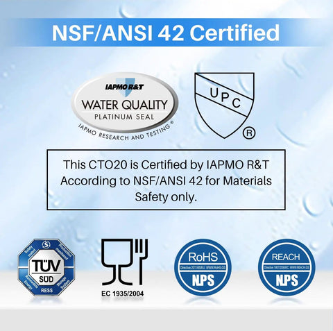 Certification logos for 1 Micron 20 Inch Whole House CTO Carbon Sediment Filter Cartridge, including NSF/ANSI 42.
