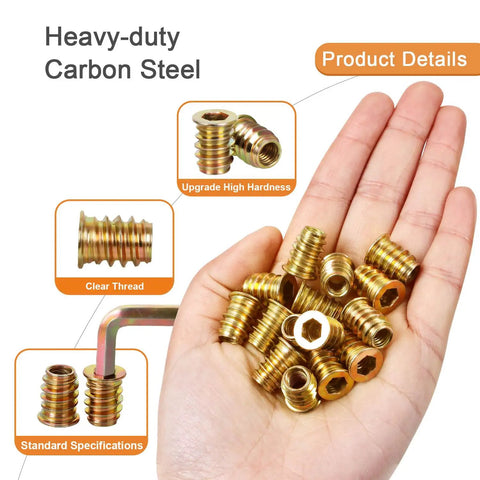 3/8-16 Hex Drive Wood Threaded Inserts 25mm Length Pack Of 50 For Furniture Making And Woodworking Repairs, heavy-duty metal nuts in hand