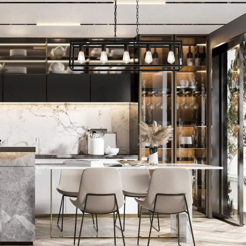 Farmhouse Black Five Light Linear Pendant Light For Kitchen Island And Dining Room, Cage Ceiling Fixture in modern kitchen