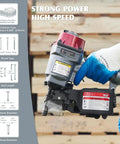CN55 15 Degree Siding Nailer Coil Type held against wooden pallets with power and speed markings visible