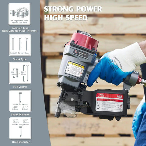 CN55 15 Degree Siding Nailer Coil Type held against wooden pallets with power and speed markings visible
