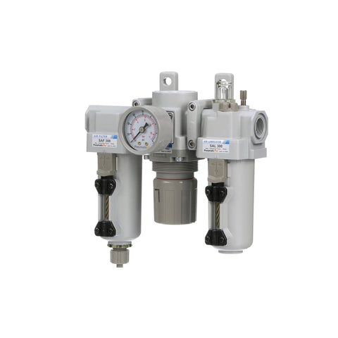 All-In-One Pneumatic Air Filter Regulator Lubricator Combo With Three-Eighths Inch NPT, Metal Bowl, Sight Glass, Manual Drain, Bracket, And Gauge For High-Flow 72 SCFM At 90 PSI, front view