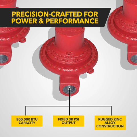 RV propane gas regulator GR-630B, red zinc-alloy construction; three regulators for campers and RVs