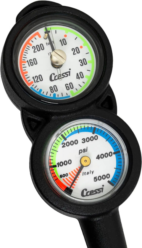 Rugged Analogic Console Built Tough For Scuba Diving With Imperial Mini SPG, Analog Pressure Gauge And Depth Gauge, Color Coded Readouts