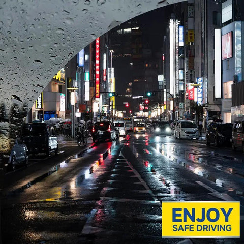 Heavy Duty Windshield Wiper Blades 3 Pack Designed For Jeep Wrangler Jk Models 2007 2017 in rainy urban street scene at night.