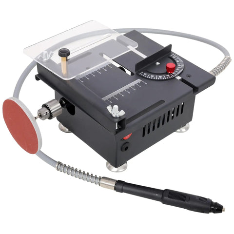 Badass Mini Table Saw With Slick Adjustable Speed And Precision Tilt Angles For Rapid Wood Cutting Sanding Engraving And Drilling On Tight Crafting Jobs, compact design, clear ruled surface, versatile features.