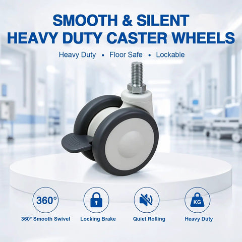 Real Smooth Roll 3 Inch Stem Caster Wheels With M12 Mount And Whisper Quiet Rubber Treads Heavy Duty Twin Wheel Casters For Care Beds Home Furniture on a display surface with locking feature.