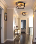 Two Light Rustic Oak White Flush Mount Ceiling Light With Black Open Cage, Cozy Farmhouse Industrial Vibe in hallway