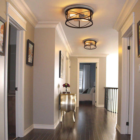 Two Light Rustic Oak White Flush Mount Ceiling Light With Black Open Cage, Cozy Farmhouse Industrial Vibe in hallway