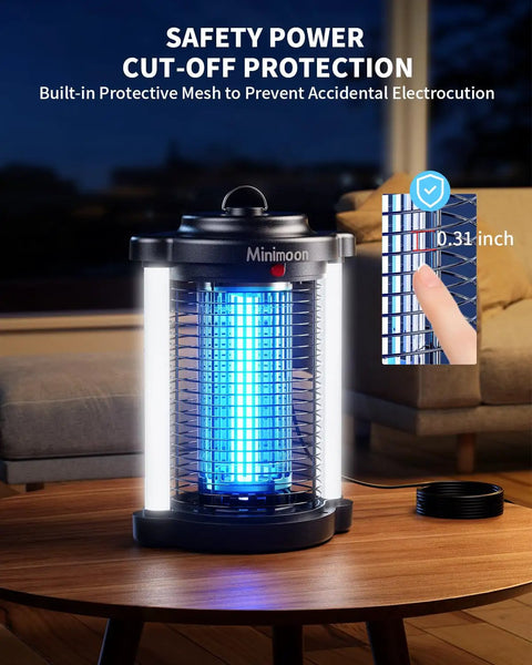 Outdoor Bug Zapper With Dual LED Lights For Mosquitoes And Flies, 4200V Electric Fly Trap on table with safety mesh highlighted